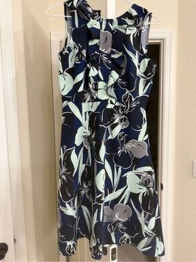 Ann Taylor Navy Floral Ruffle Midi Dress with Mint and Gray Accents